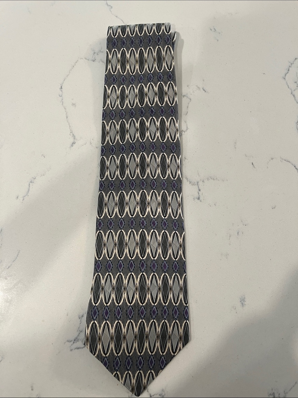 Louis Feraud Navy, Silver and Purple Geometric Silk Tie